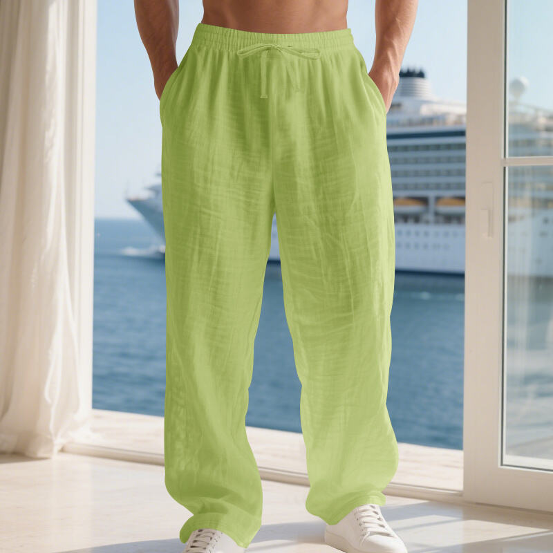 Linen Solid Color American Autumn Weiyi Casual Men's Loose Plus Size Wide Legs Beach Trousers Men
