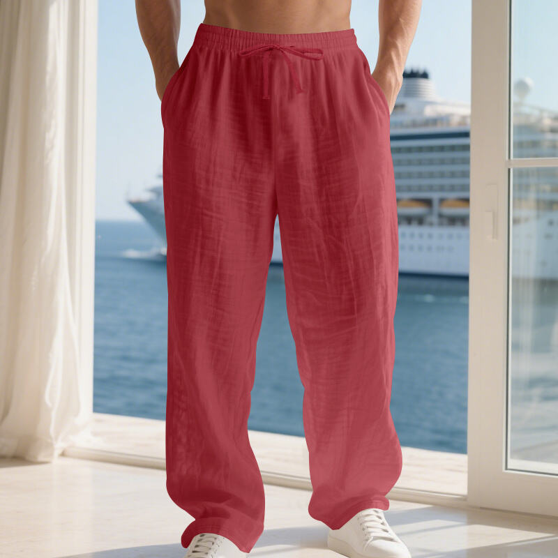 Linen Solid Color American Autumn Weiyi Casual Men's Loose Plus Size Wide Legs Beach Trousers Men