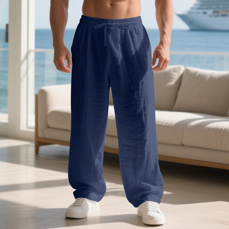 Linen Solid Color American Autumn Weiyi Casual Men's Loose Plus Size Wide Legs Beach Trousers Men