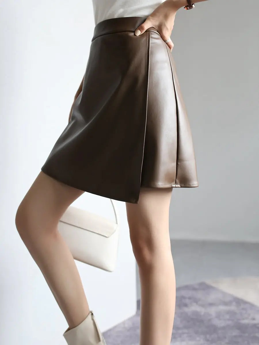 High Waist PU Leather A-Line Split Short Skirt