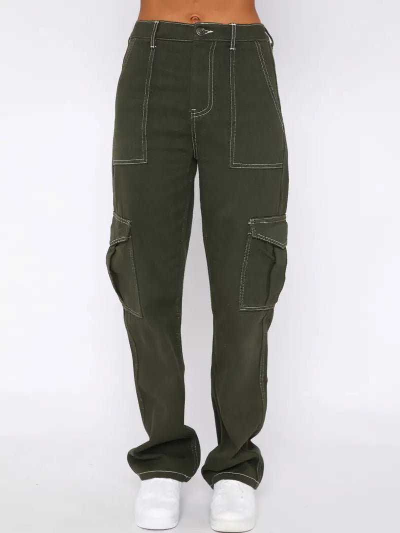 Army Green High Waist Cargo Denim Pants