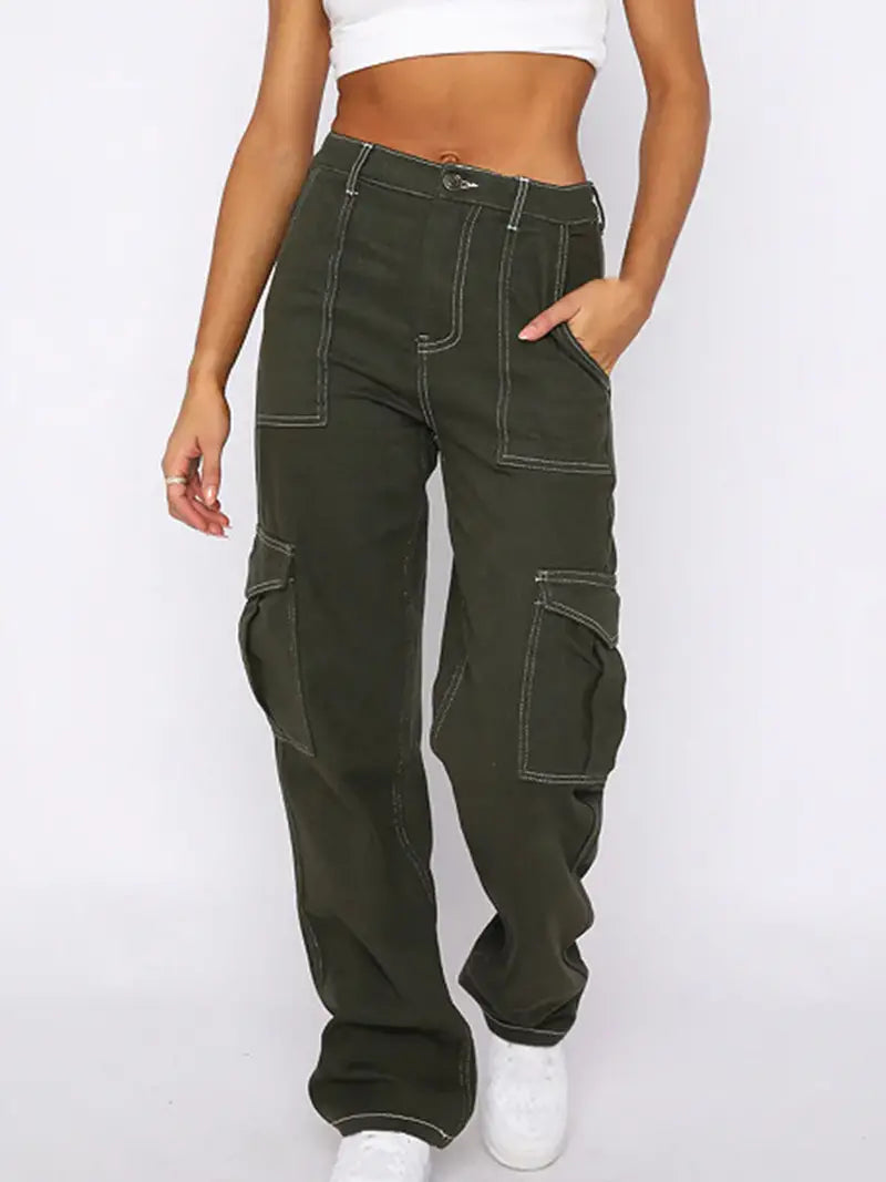 Army Green High Waist Cargo Denim Pants