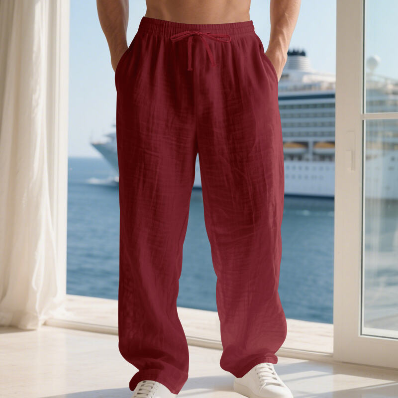 Linen Solid Color American Autumn Weiyi Casual Men's Loose Plus Size Wide Legs Beach Trousers Men
