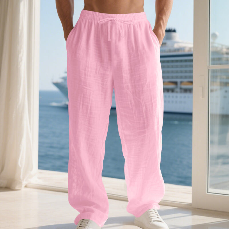 Linen Solid Color American Autumn Weiyi Casual Men's Loose Plus Size Wide Legs Beach Trousers Men