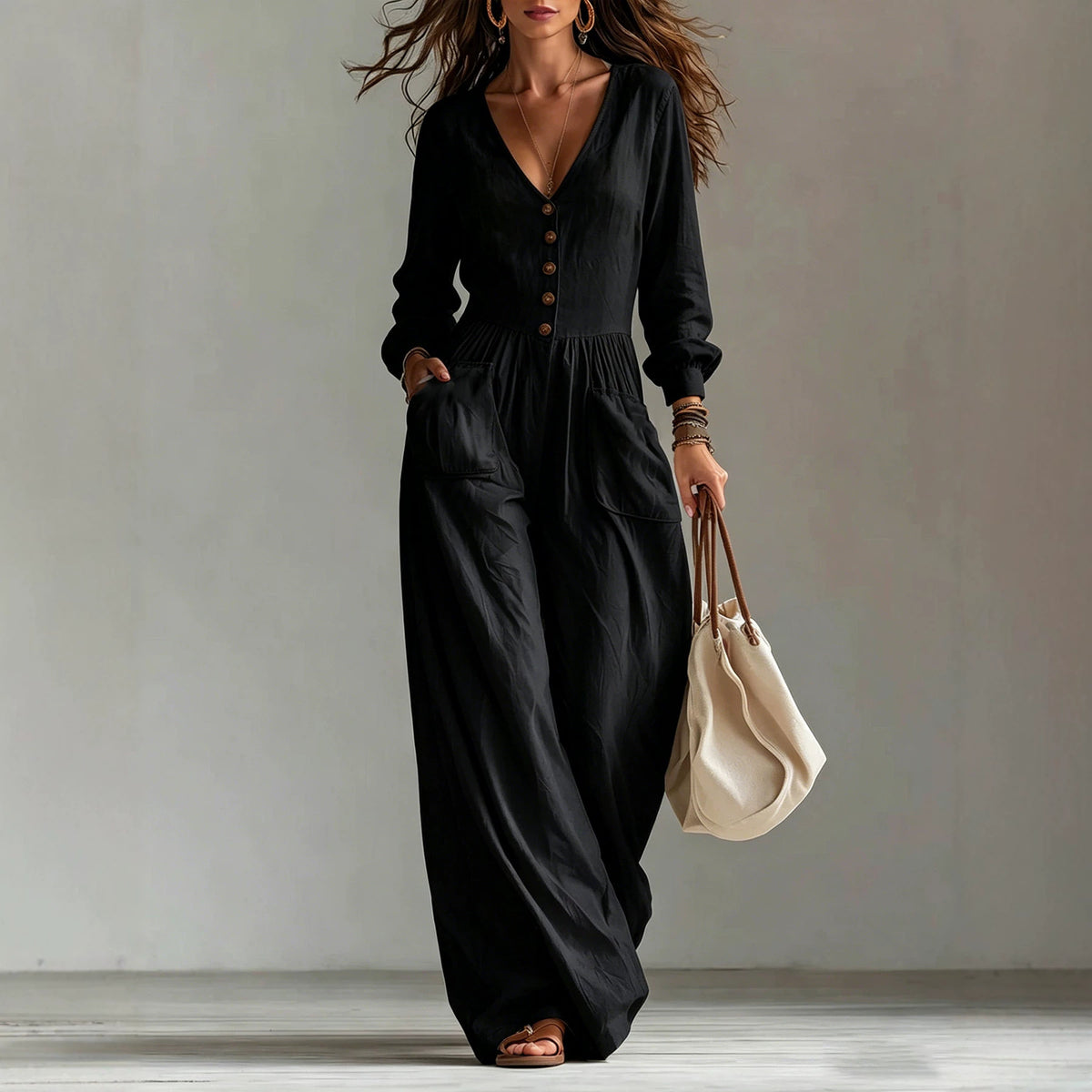 Womens V-Neck Long Sleeve Jumpsuit