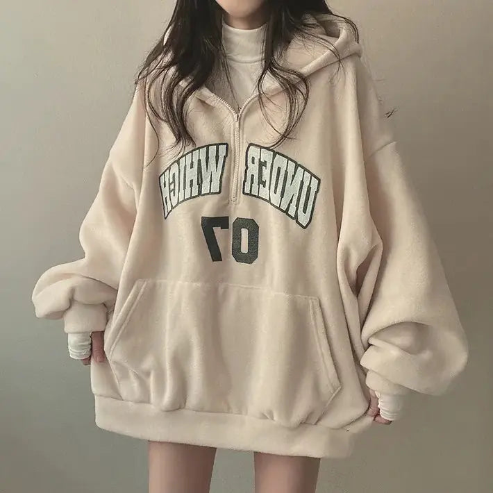 Thick Fleece-Lined Women's Letter Zipper Hoodie