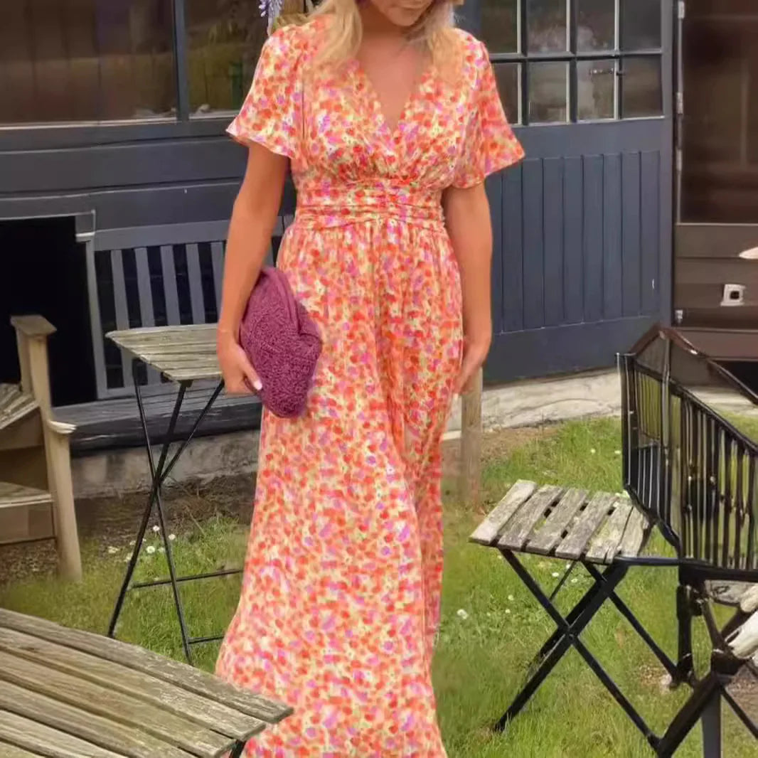 Printed Waist-Cinched V-Neck Dress