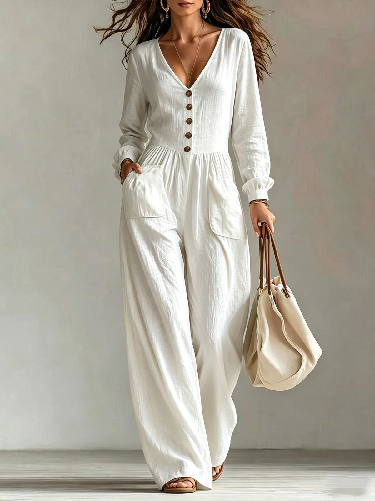 Womens V-Neck Long Sleeve Jumpsuit