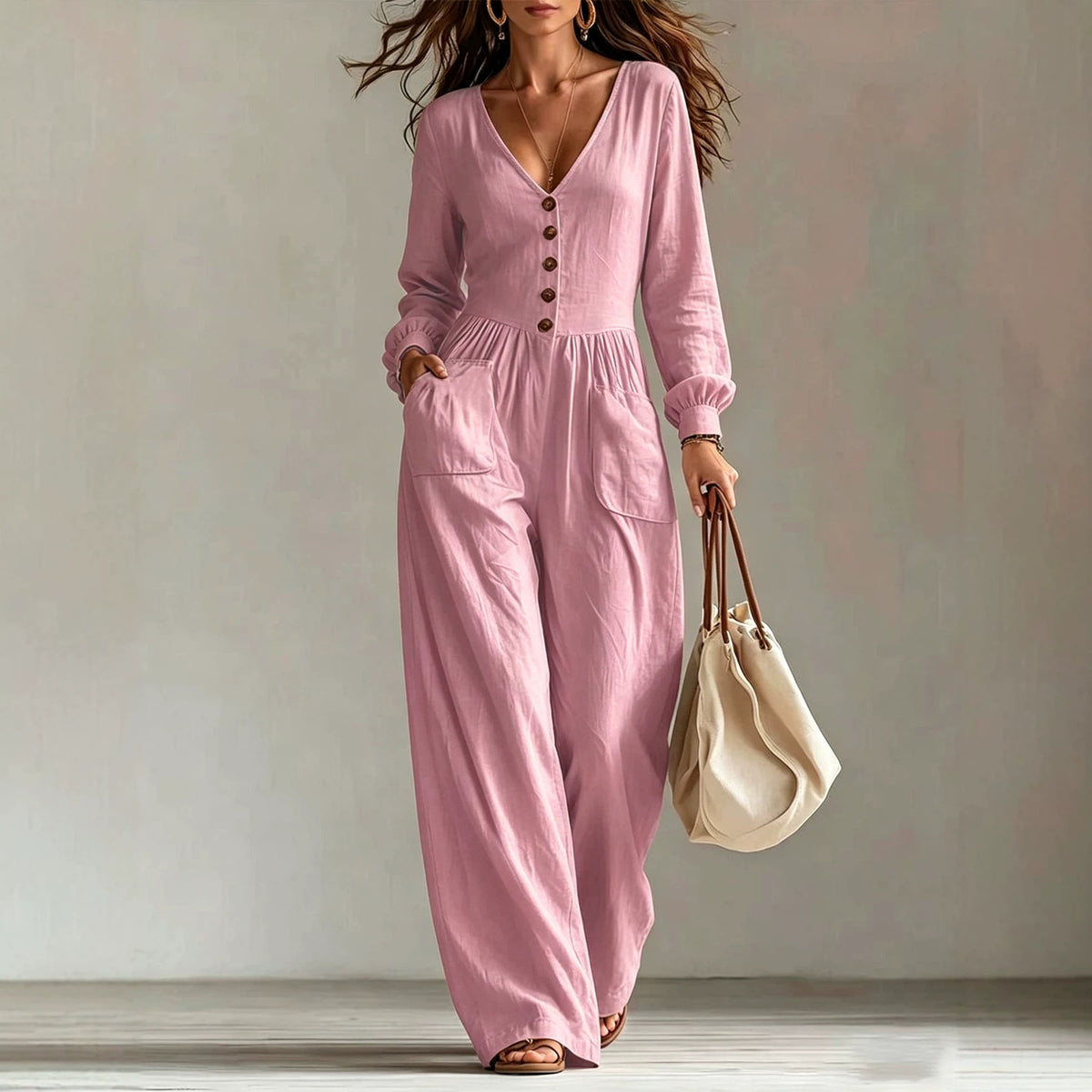 Womens V-Neck Long Sleeve Jumpsuit