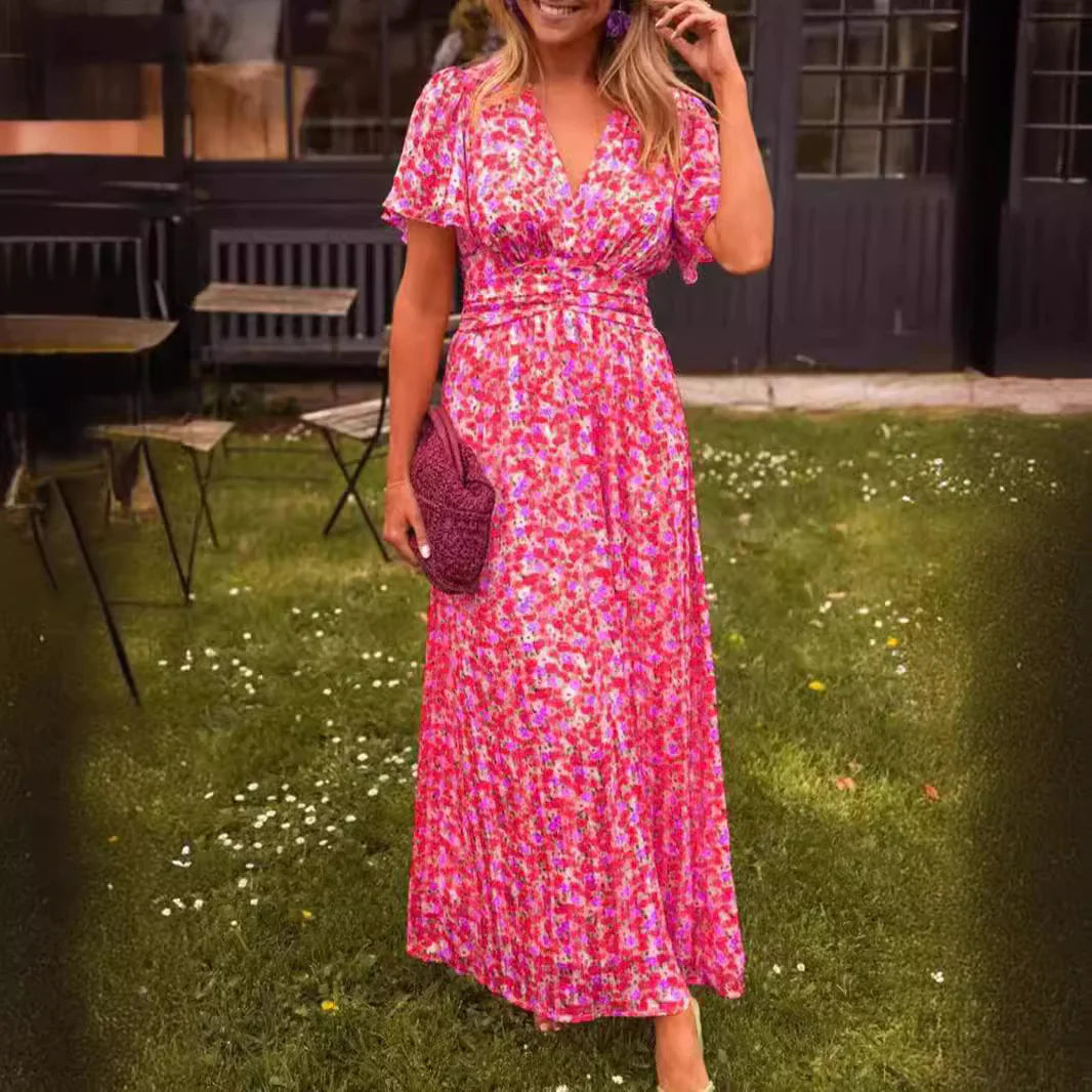 Printed Waist-Cinched V-Neck Dress