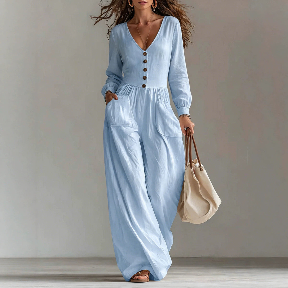 Womens V-Neck Long Sleeve Jumpsuit