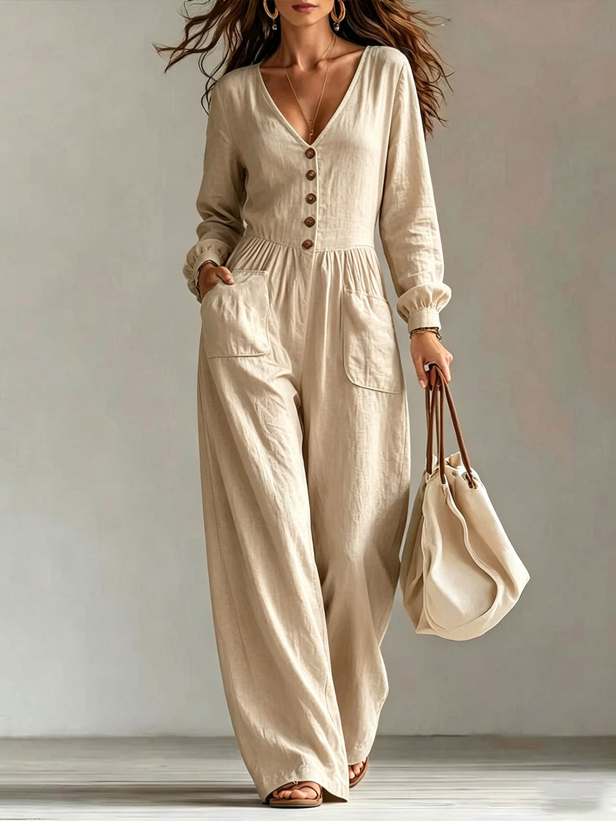 Womens V-Neck Long Sleeve Jumpsuit