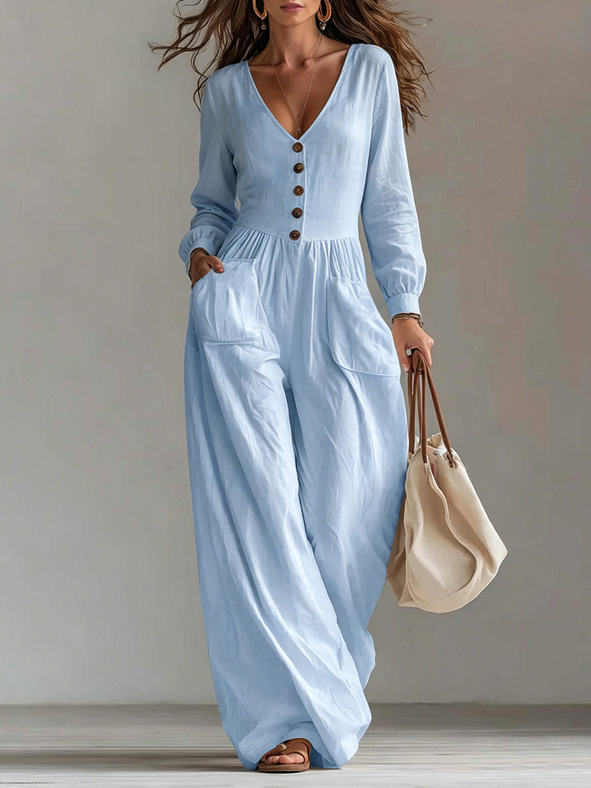 Womens V-Neck Long Sleeve Jumpsuit