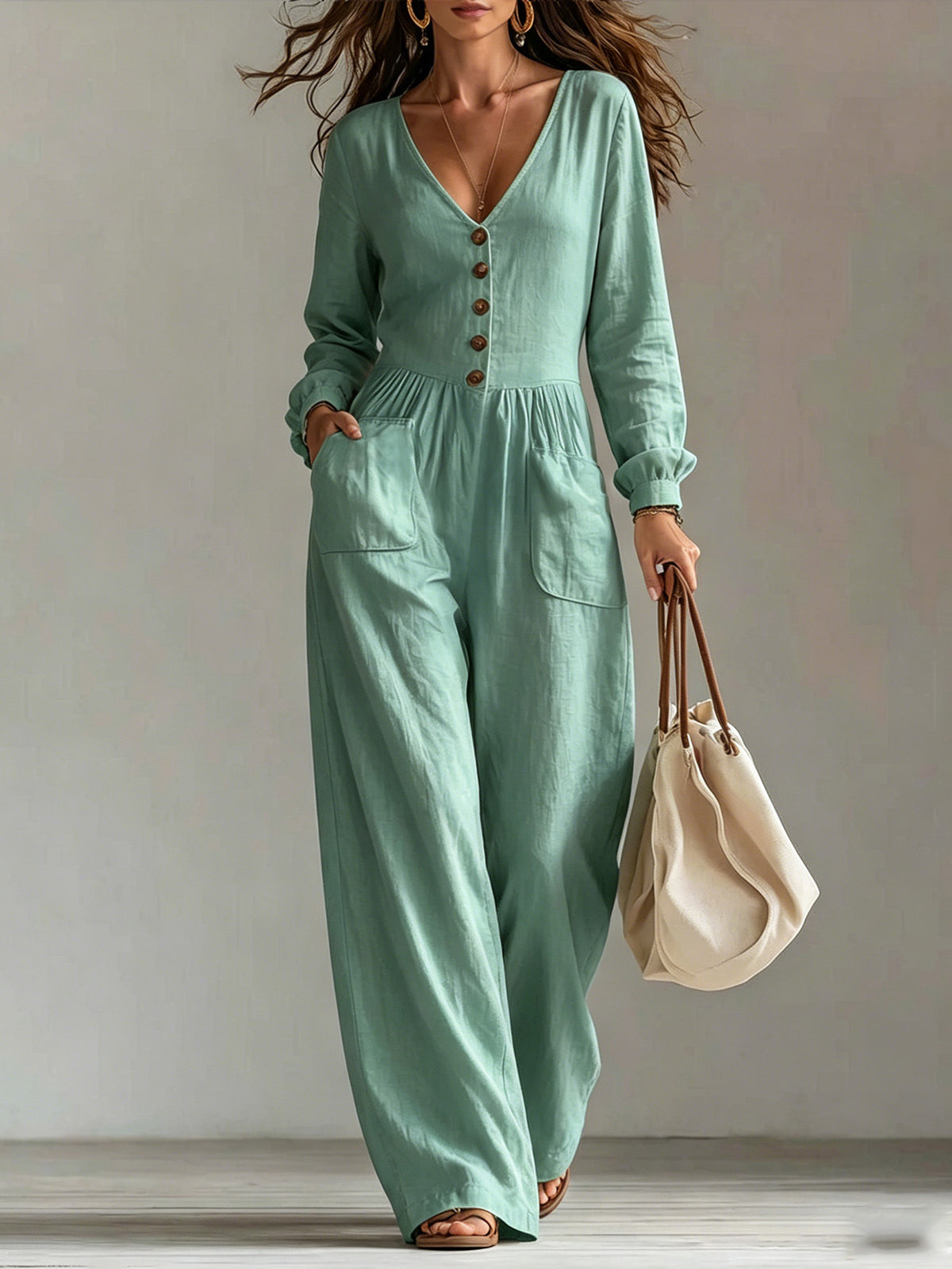 Womens V-Neck Long Sleeve Jumpsuit
