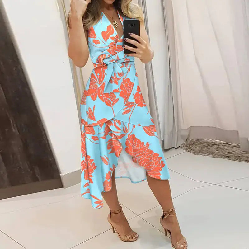 Floral Printed V-Neck Slim Fit Dress