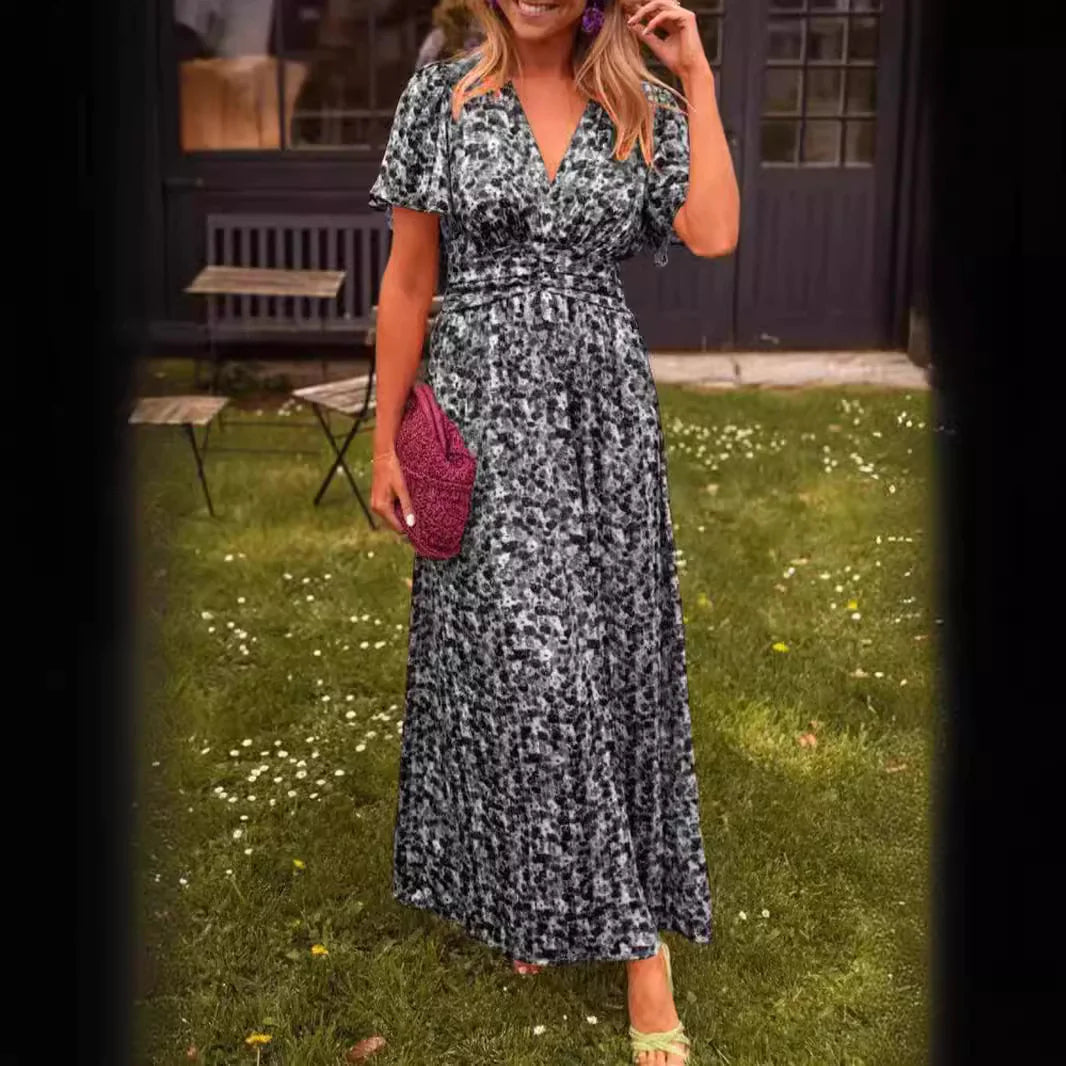 Printed Waist-Cinched V-Neck Dress