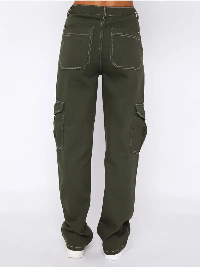 Army Green High Waist Cargo Denim Pants