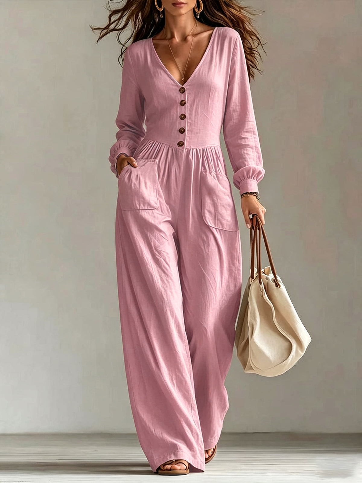 Womens V-Neck Long Sleeve Jumpsuit