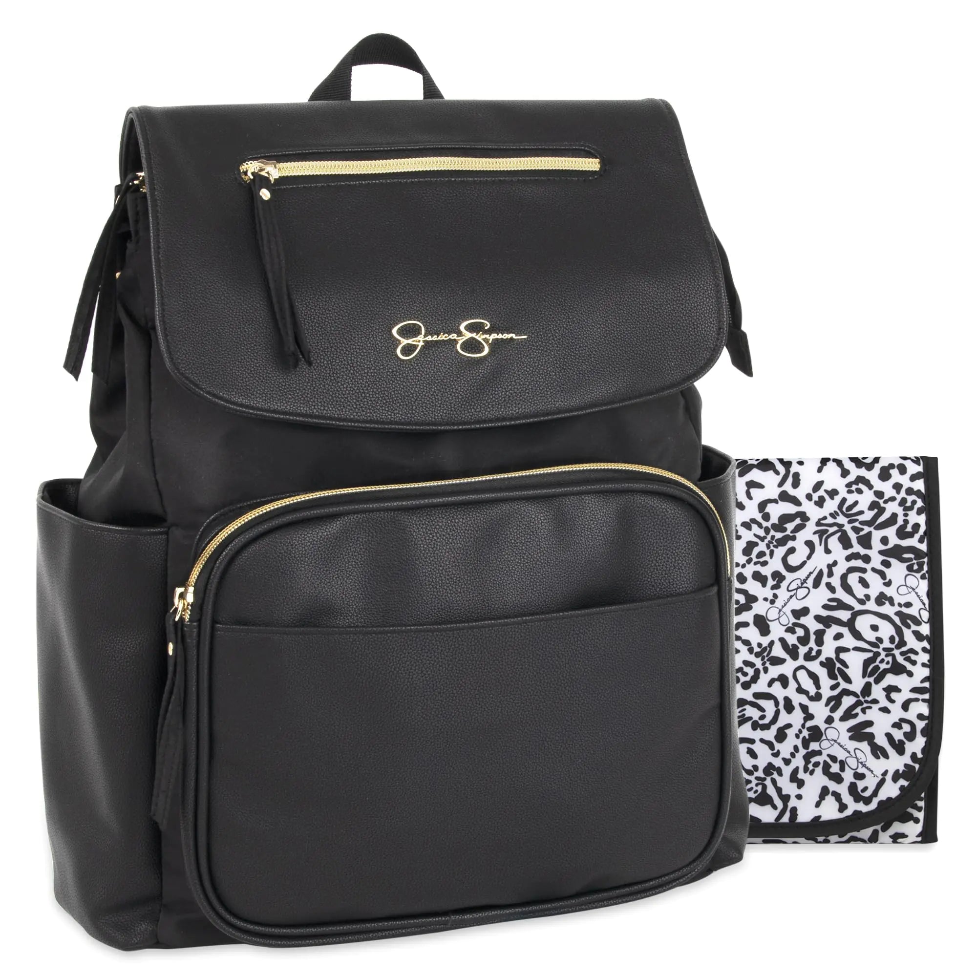 Jessica Simpson Black Vegan Leather Diaper Bag Backpack with Baby Changing Mat Pad Stroller Strap Clips 2 Pc. Set