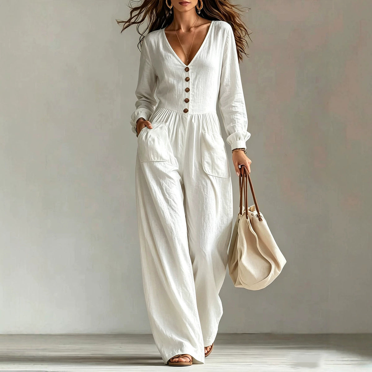 Womens V-Neck Long Sleeve Jumpsuit