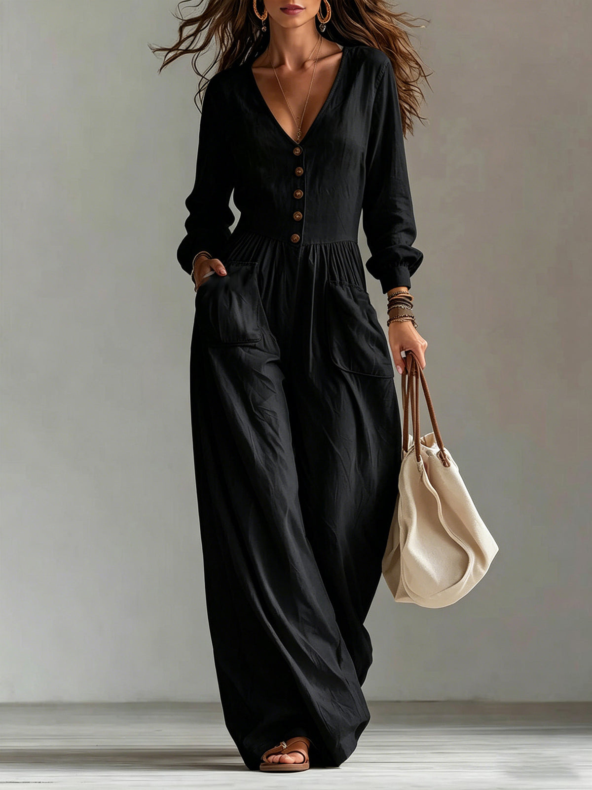 Womens V-Neck Long Sleeve Jumpsuit