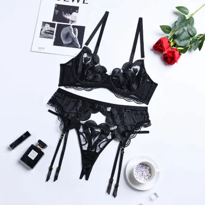Set Of Mesh Embroidered Lingerie