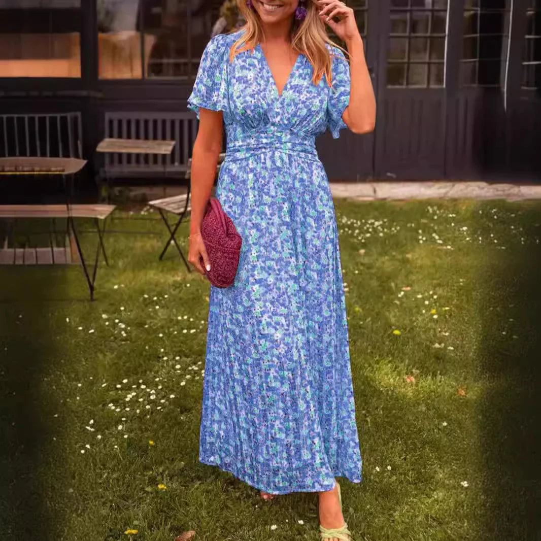 Printed Waist-Cinched V-Neck Dress