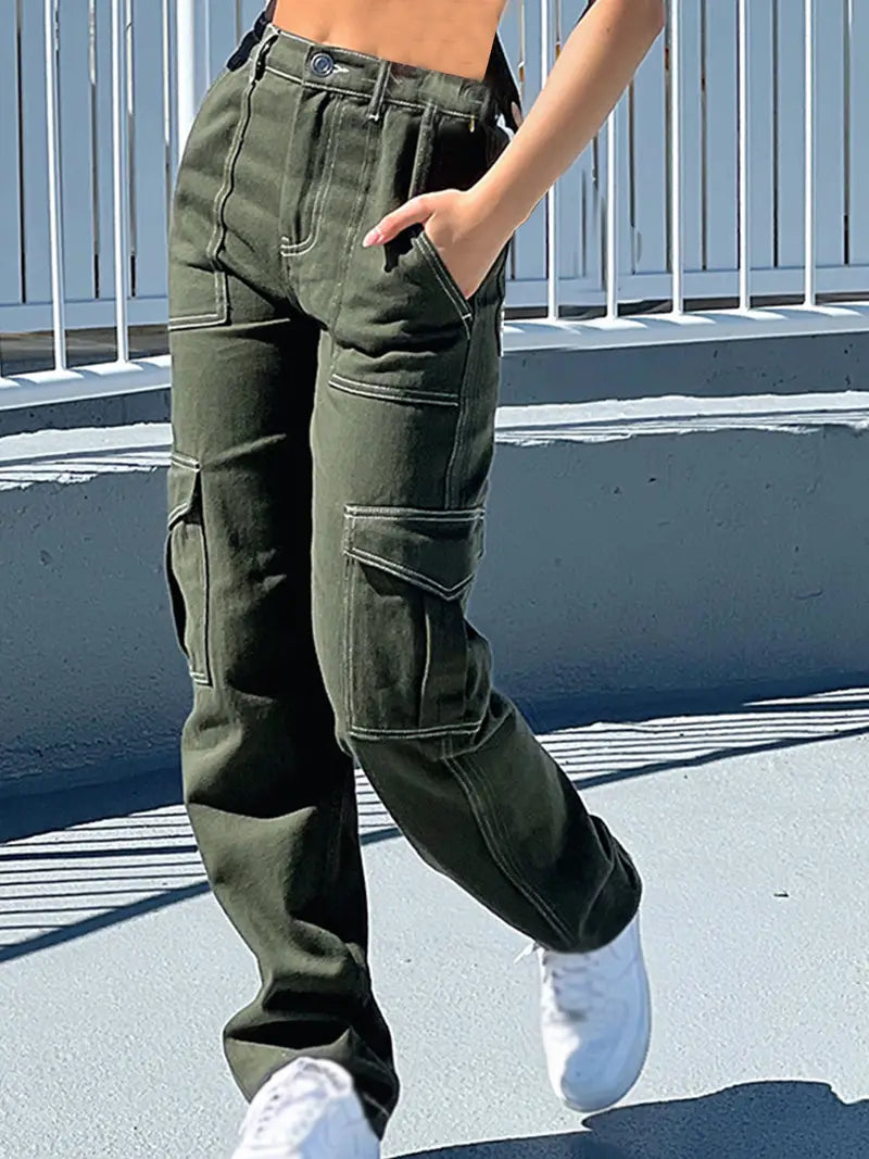 Army Green High Waist Cargo Denim Pants